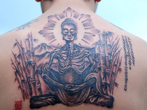 Grey Ink Budha and Bamboo Tree Tattoos on Back